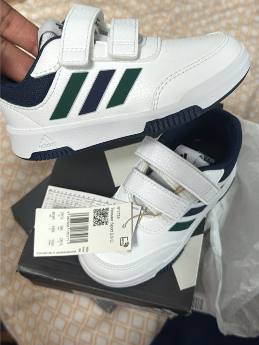 adidas Kids White Sneakers with Navy and Dark Green Stripes